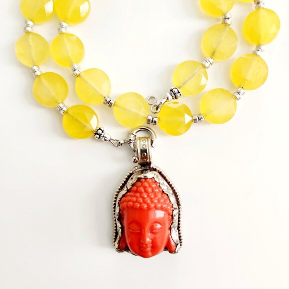 YELLOW AGATE NECKLACE W/ ORANGE BUDDHA PENDANT-16" - Picture 3 of 3